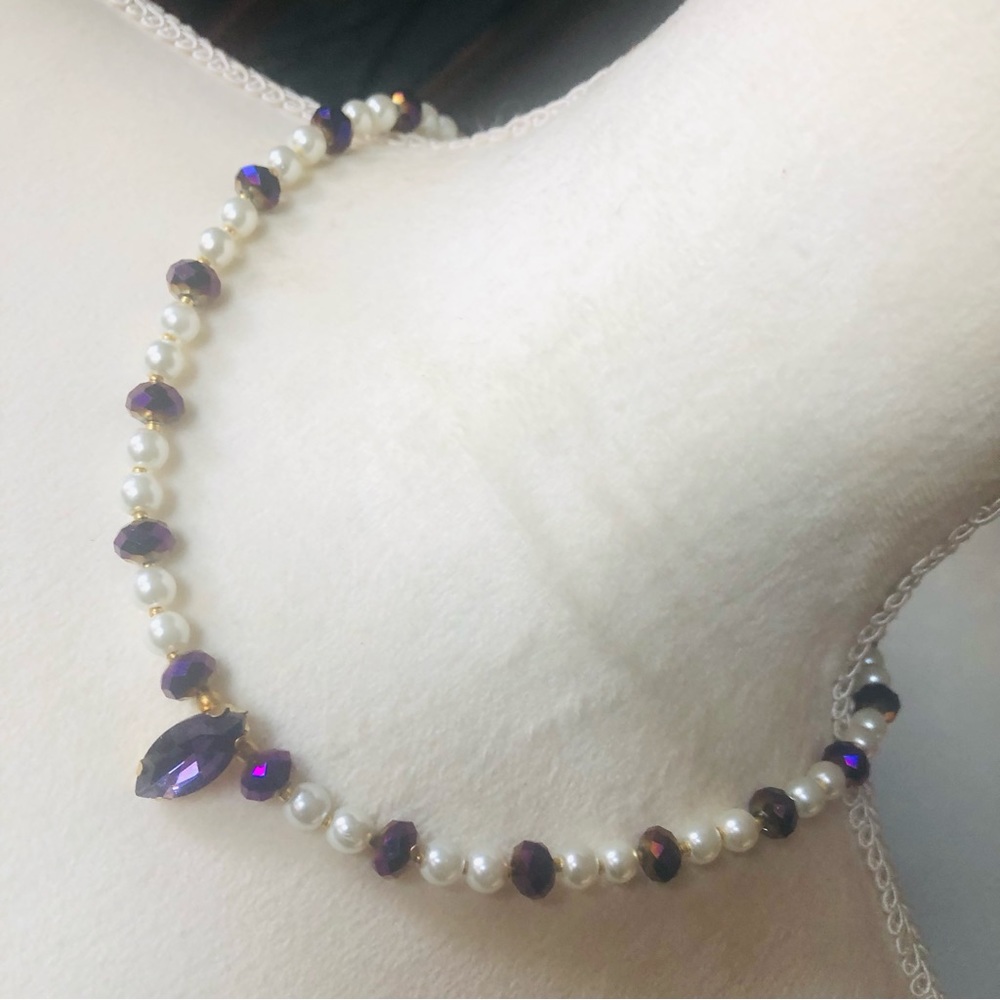 Handcrafted repurpose marquis purple stone pendant Czech glass Pearl necklace
